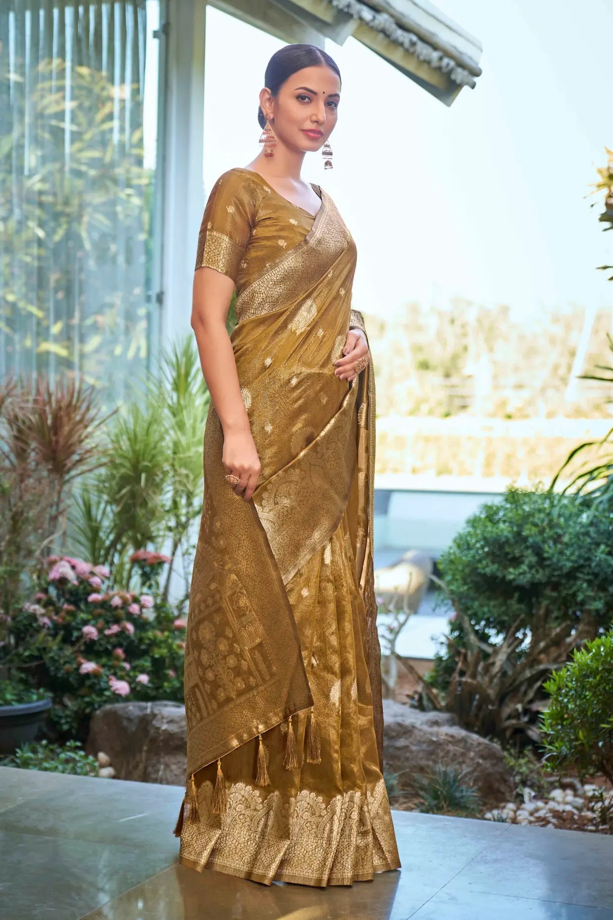 Mustard Shimmer Silk Woven Work Ethnic Saree - Monjolika Fashion