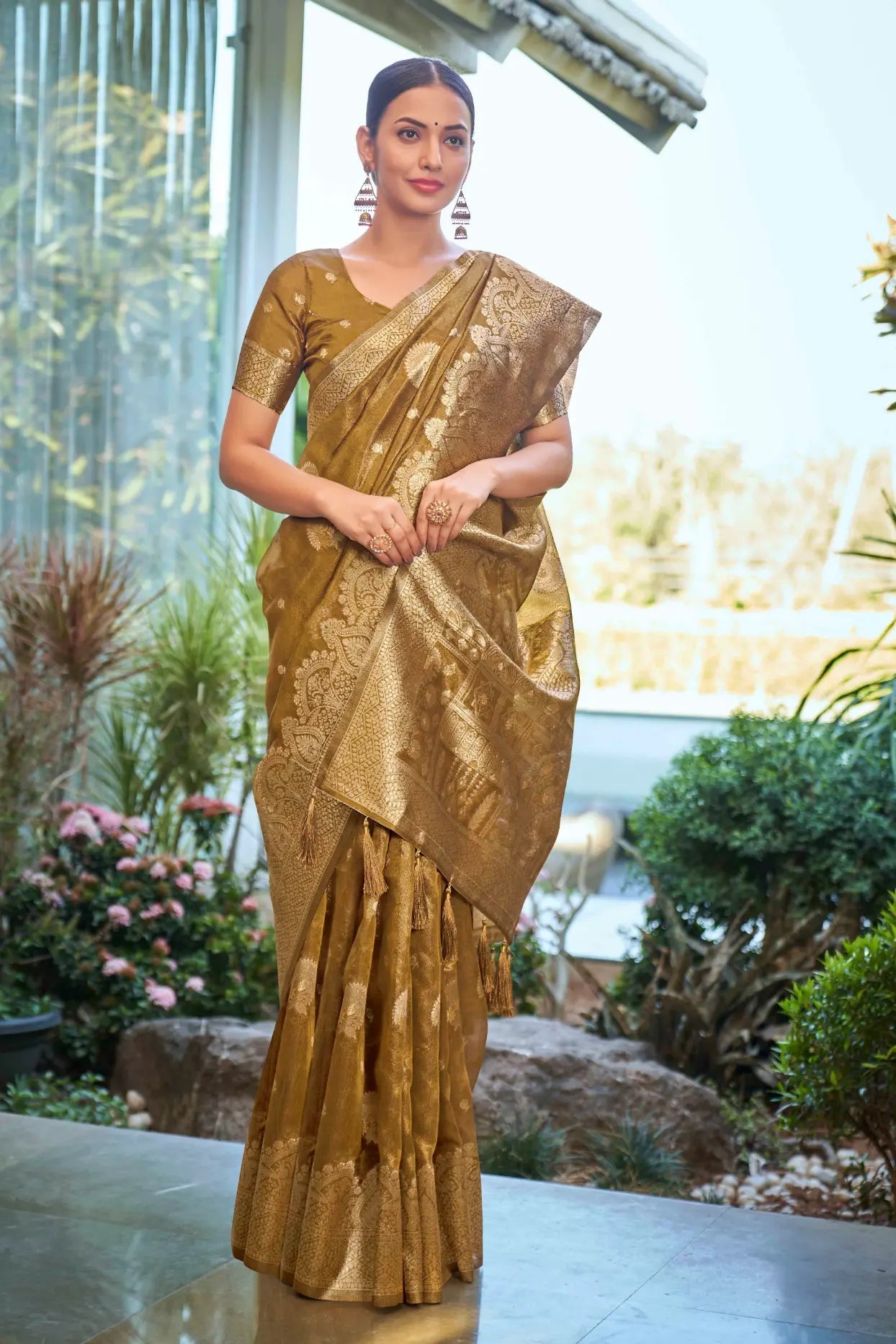 Mustard Shimmer Silk Woven Work Ethnic Saree - Monjolika Fashion