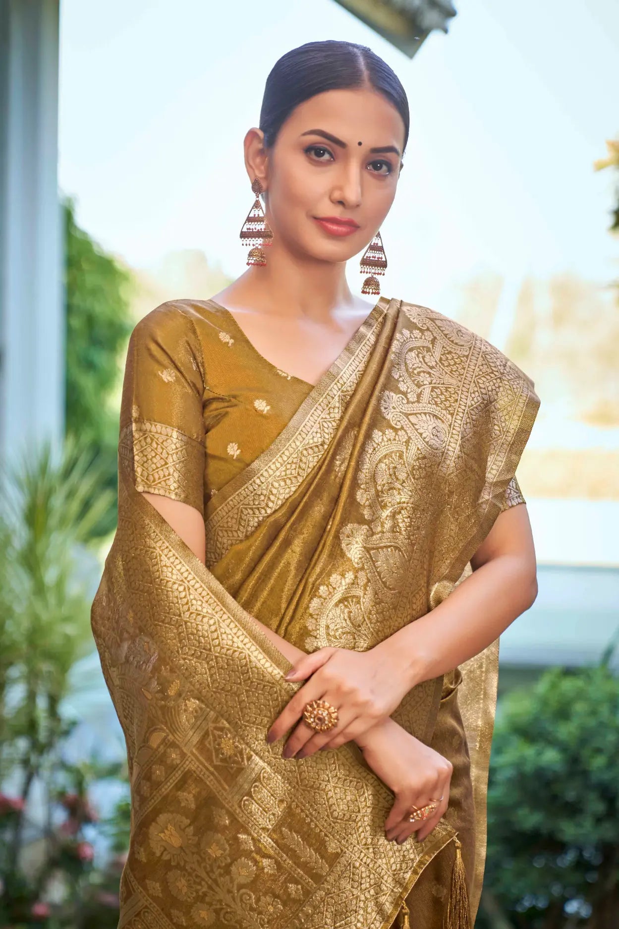 Mustard Shimmer Silk Woven Work Ethnic Saree - Monjolika Fashion