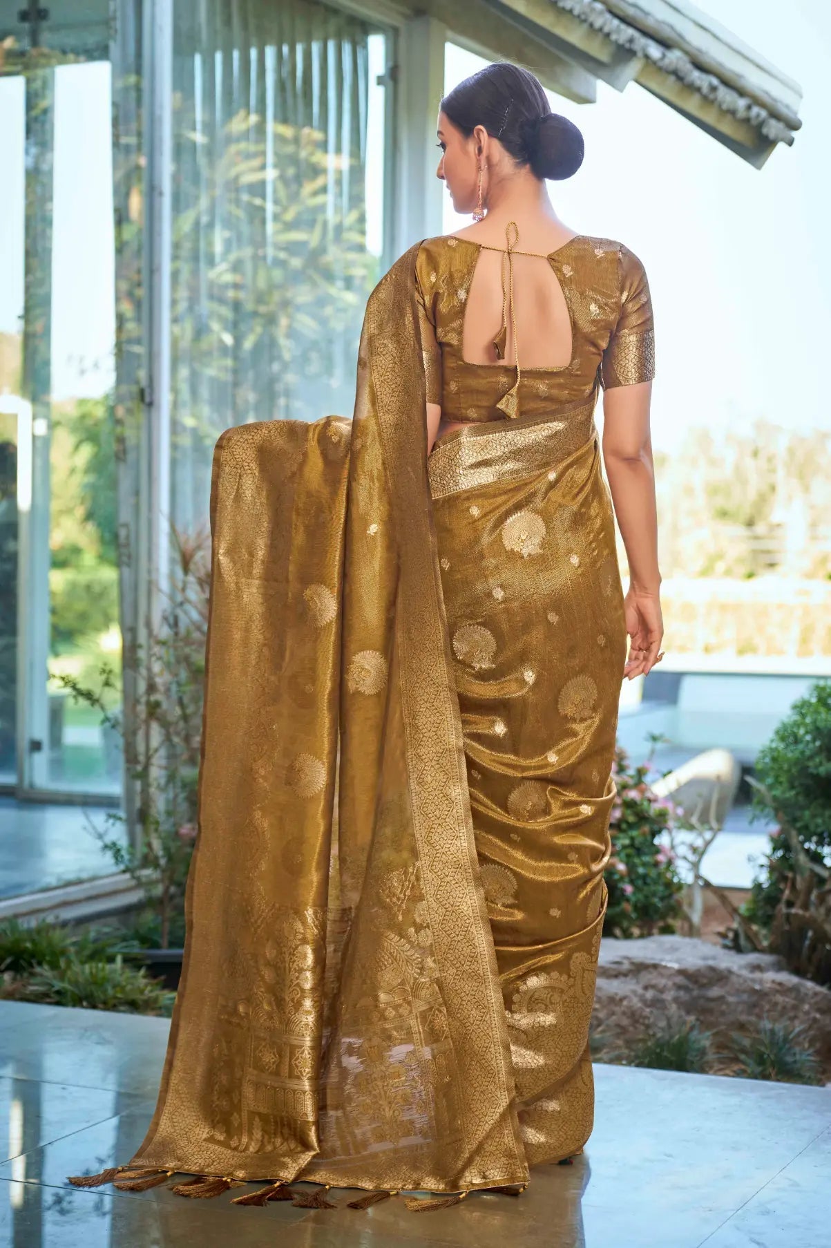 Mustard Shimmer Silk Woven Work Ethnic Saree - Monjolika Fashion