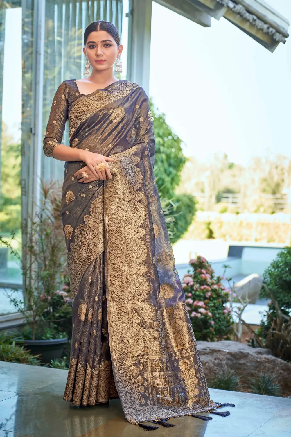 Ligth Navy Shimmer Silk Woven Work Ethnic Saree - Monjolika Fashion