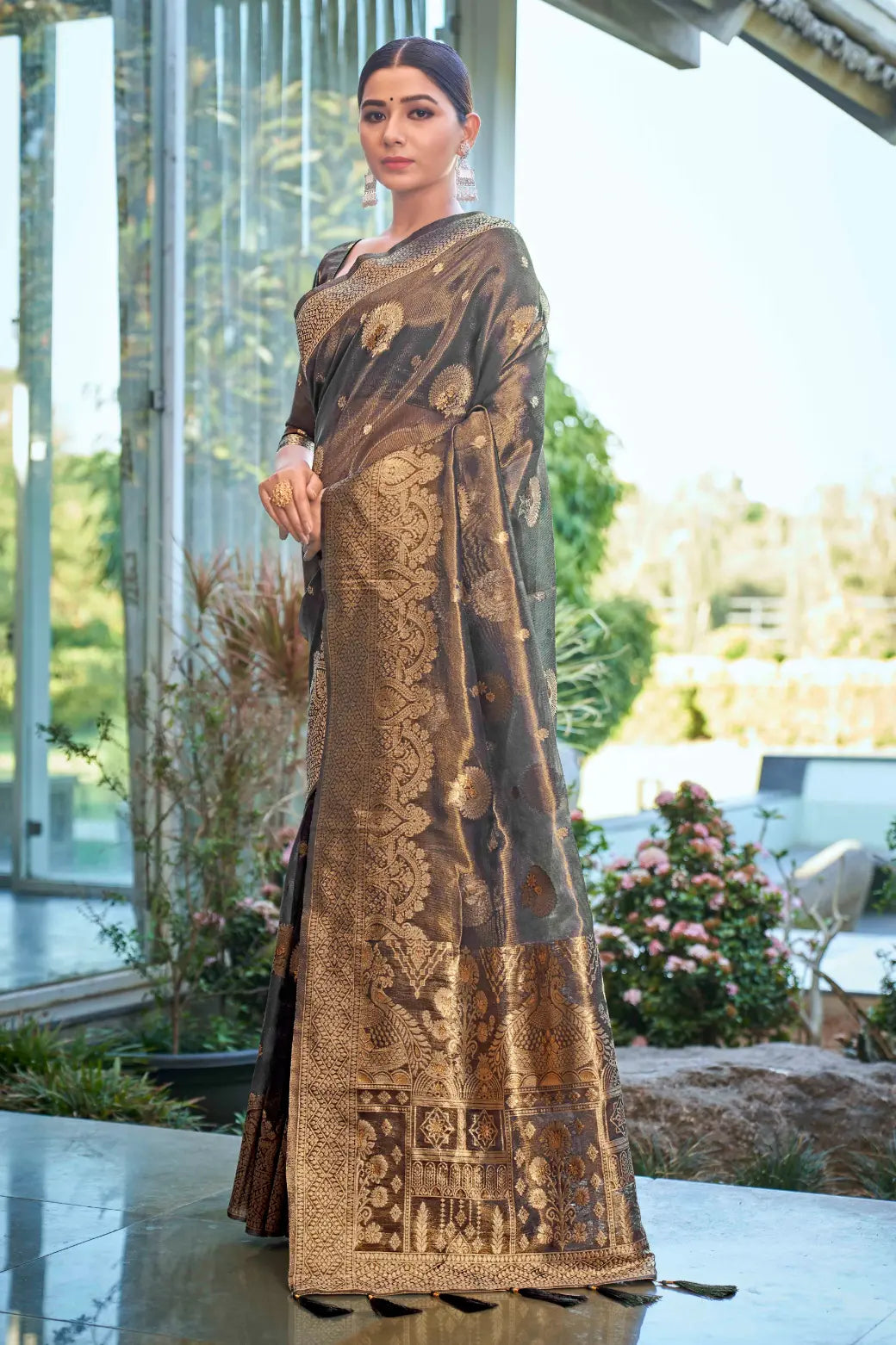 Ligth Navy Shimmer Silk Woven Work Ethnic Saree - Monjolika Fashion