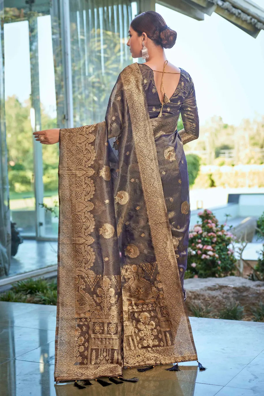 Ligth Navy Shimmer Silk Woven Work Ethnic Saree - Monjolika Fashion