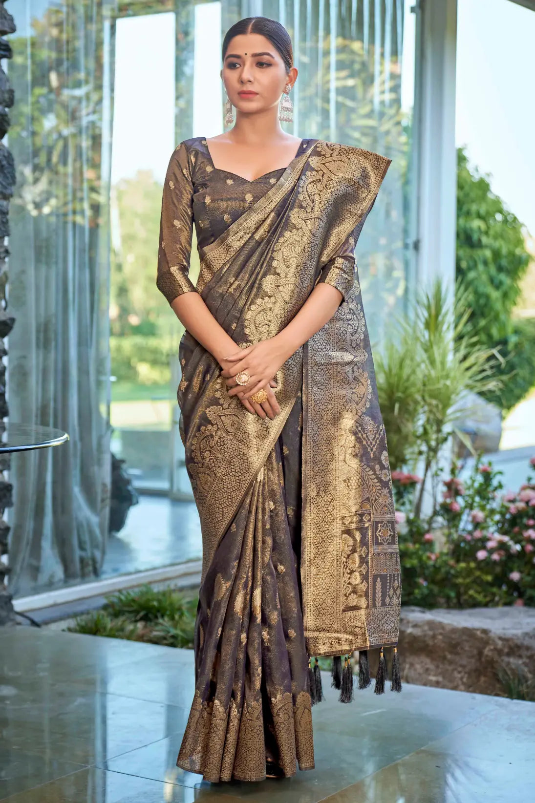 Ligth Navy Shimmer Silk Woven Work Ethnic Saree - Monjolika Fashion