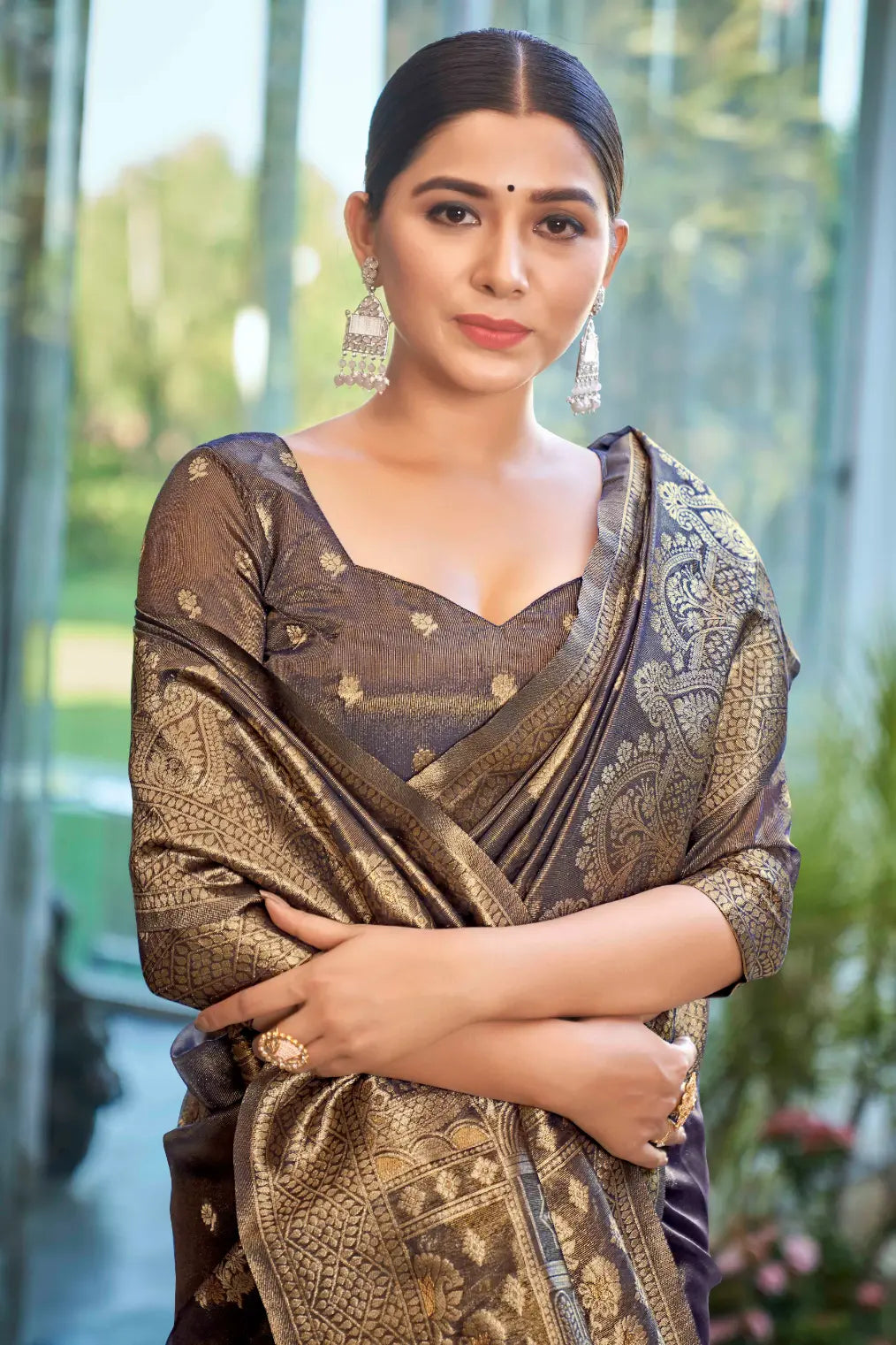 Ligth Navy Shimmer Silk Woven Work Ethnic Saree - Monjolika Fashion