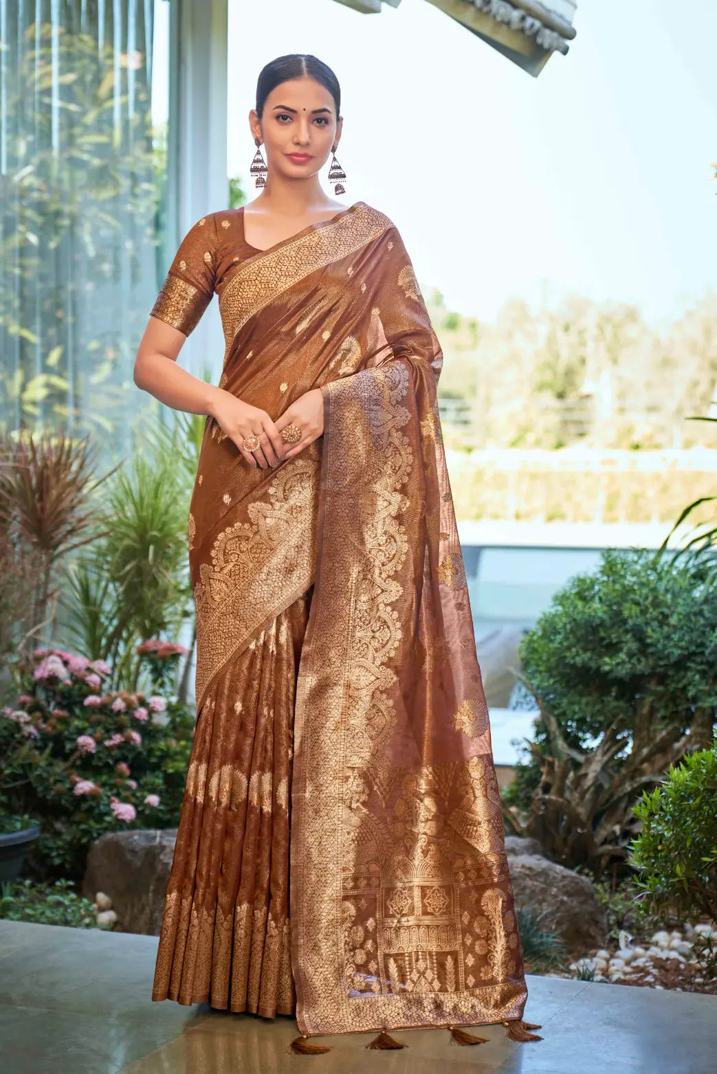 Rust Shimmer Silk Woven Work Ethnic Saree - Monjolika Fashion