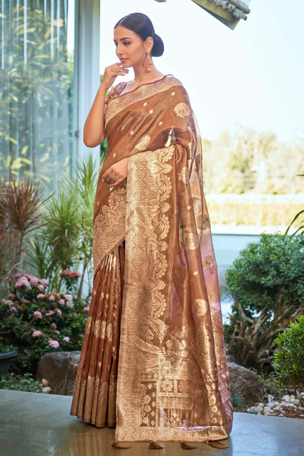Rust Shimmer Silk Woven Work Ethnic Saree - Monjolika Fashion