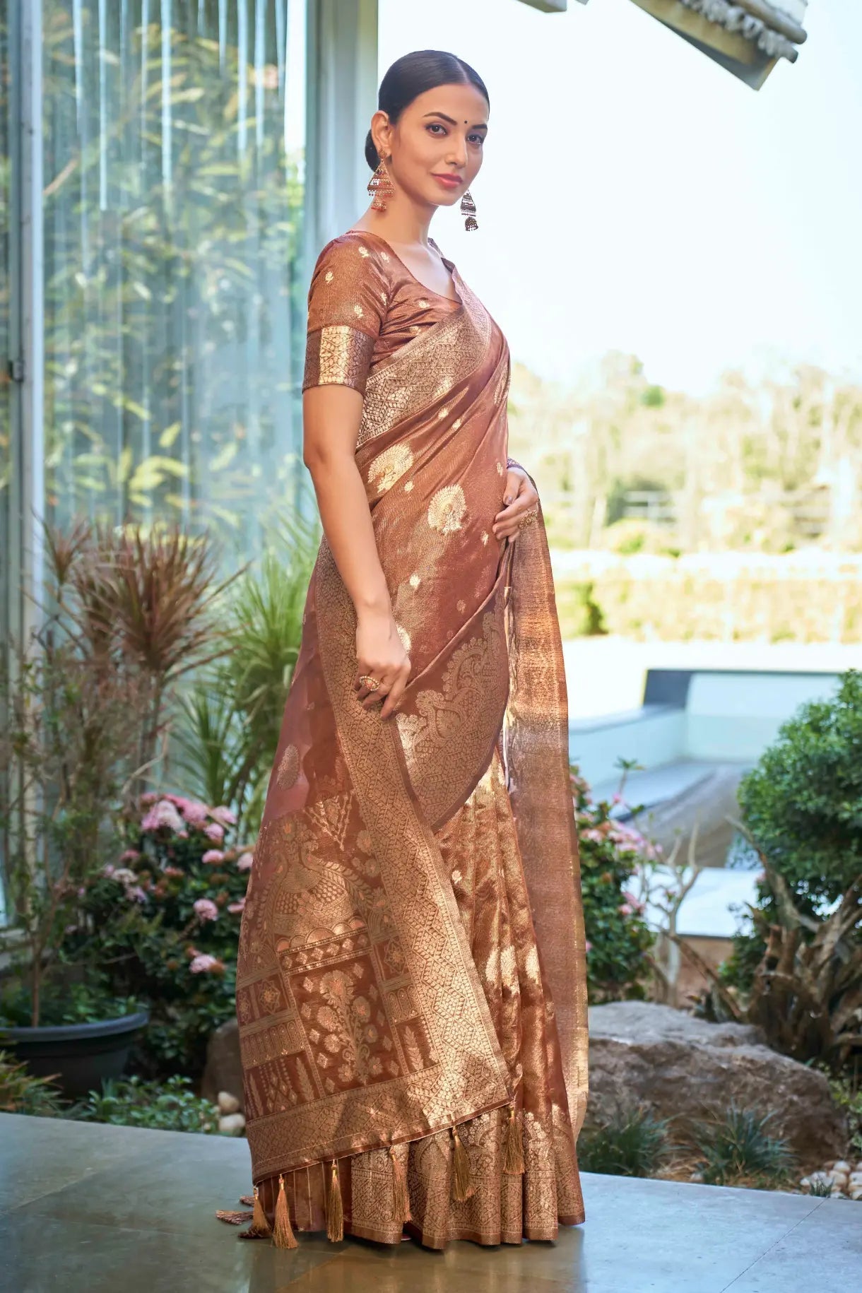 Rust Shimmer Silk Woven Work Ethnic Saree - Monjolika Fashion