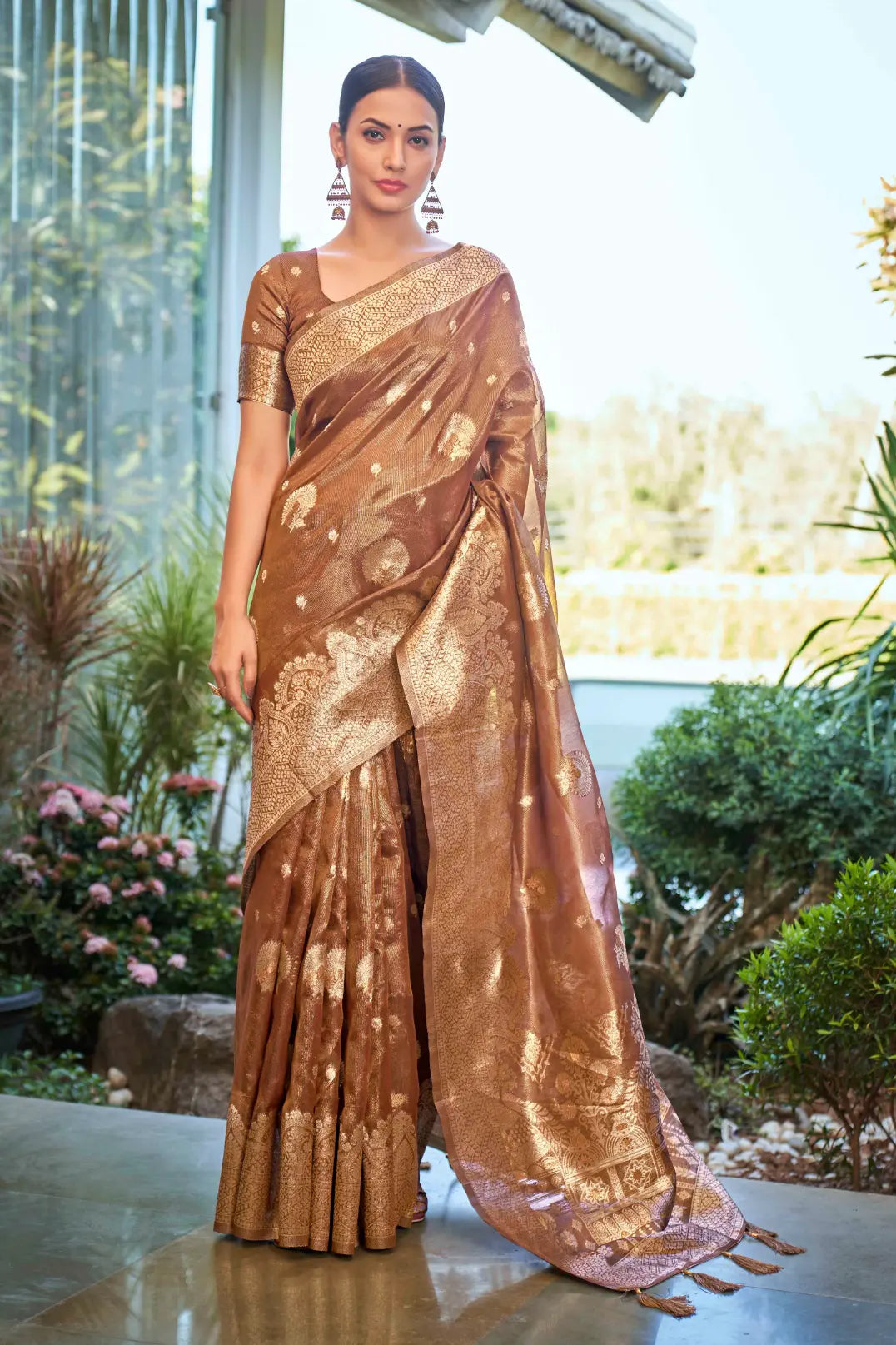 Rust Shimmer Silk Woven Work Ethnic Saree - Monjolika Fashion