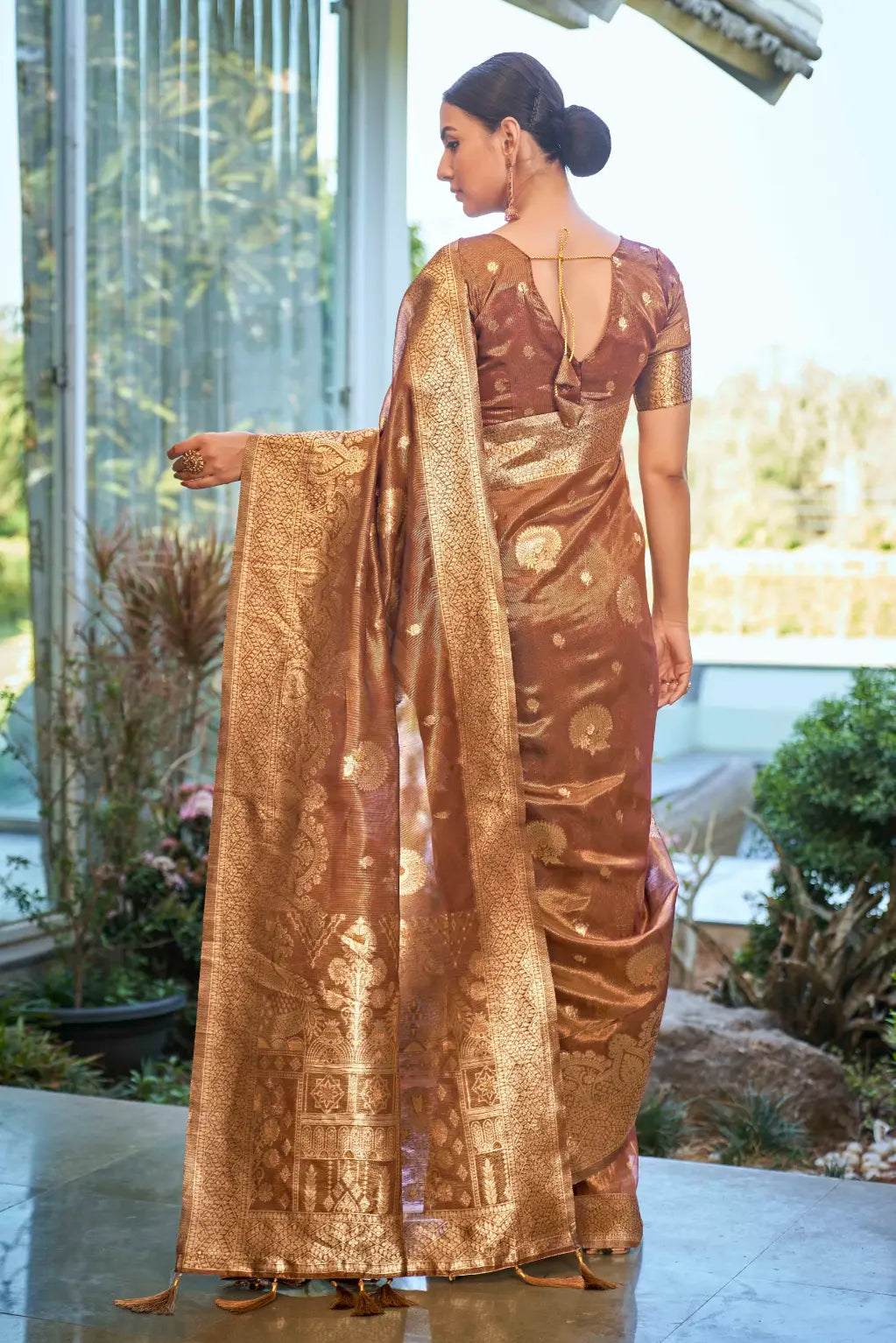Rust Shimmer Silk Woven Work Ethnic Saree - Monjolika Fashion