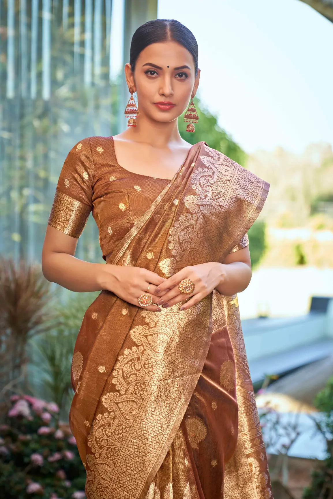 Rust Shimmer Silk Woven Work Ethnic Saree - Monjolika Fashion