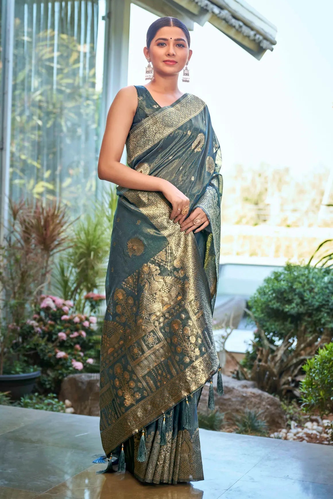 Ligth Teal Shimmer Silk Woven Work Ethnic Saree - Monjolika Fashion