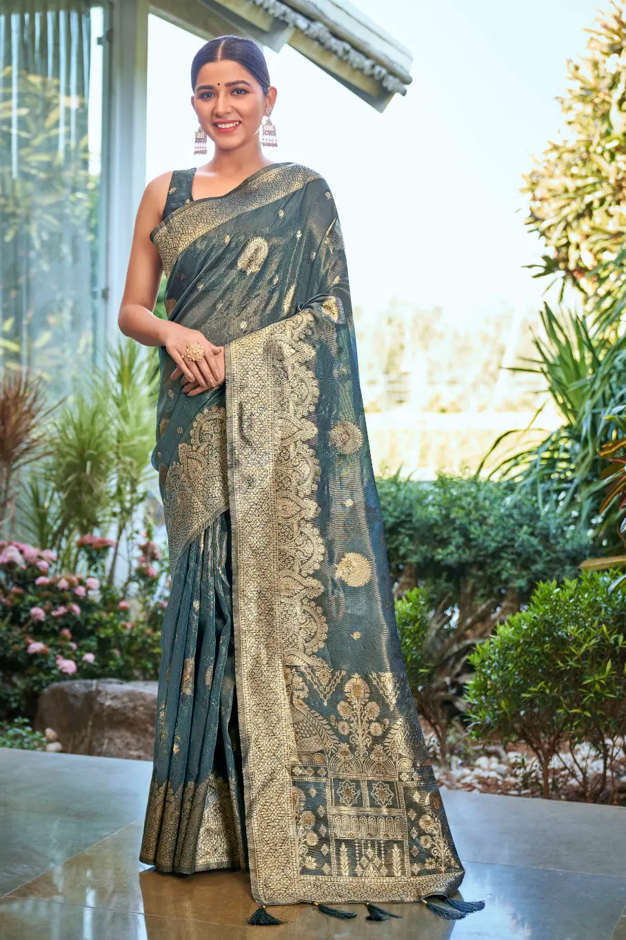 Ligth Teal Shimmer Silk Woven Work Ethnic Saree - Monjolika Fashion