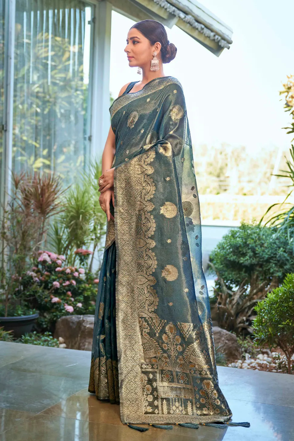 Ligth Teal Shimmer Silk Woven Work Ethnic Saree - Monjolika Fashion