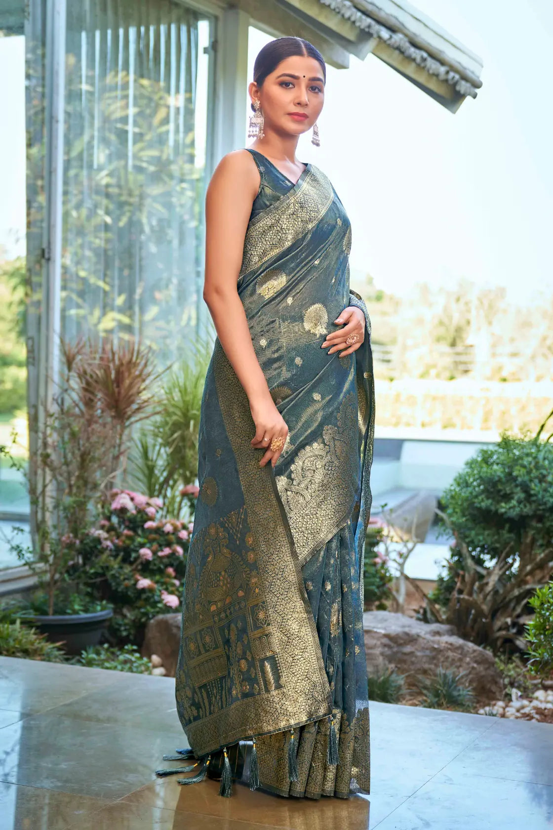 Ligth Teal Shimmer Silk Woven Work Ethnic Saree - Monjolika Fashion