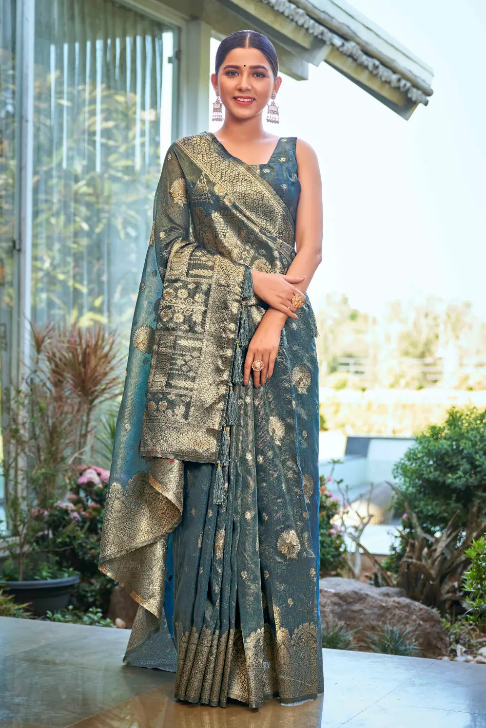Ligth Teal Shimmer Silk Woven Work Ethnic Saree - Monjolika Fashion