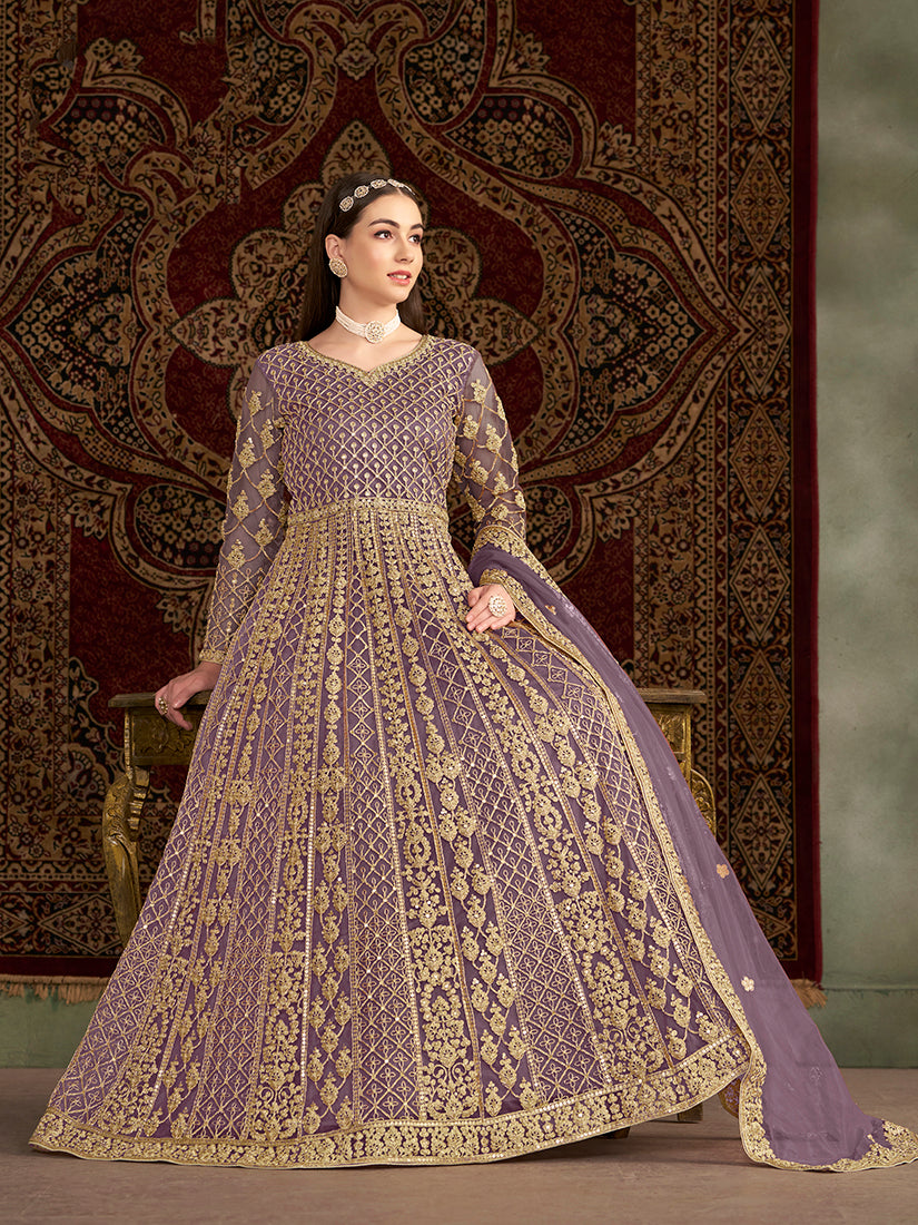Lilac Net Heavy Work Floor Length Gown With Dupatta