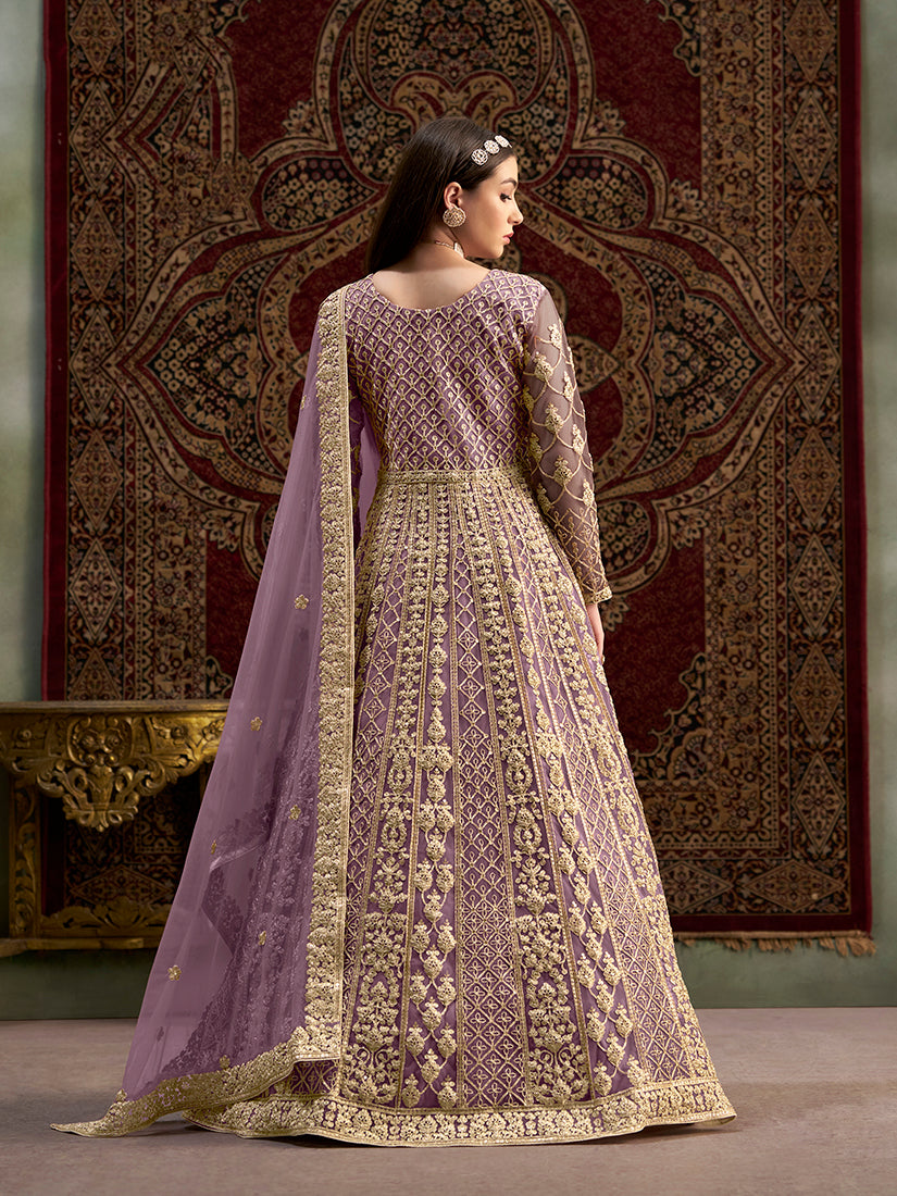 Lilac Net Heavy Work Floor Length Gown With Dupatta