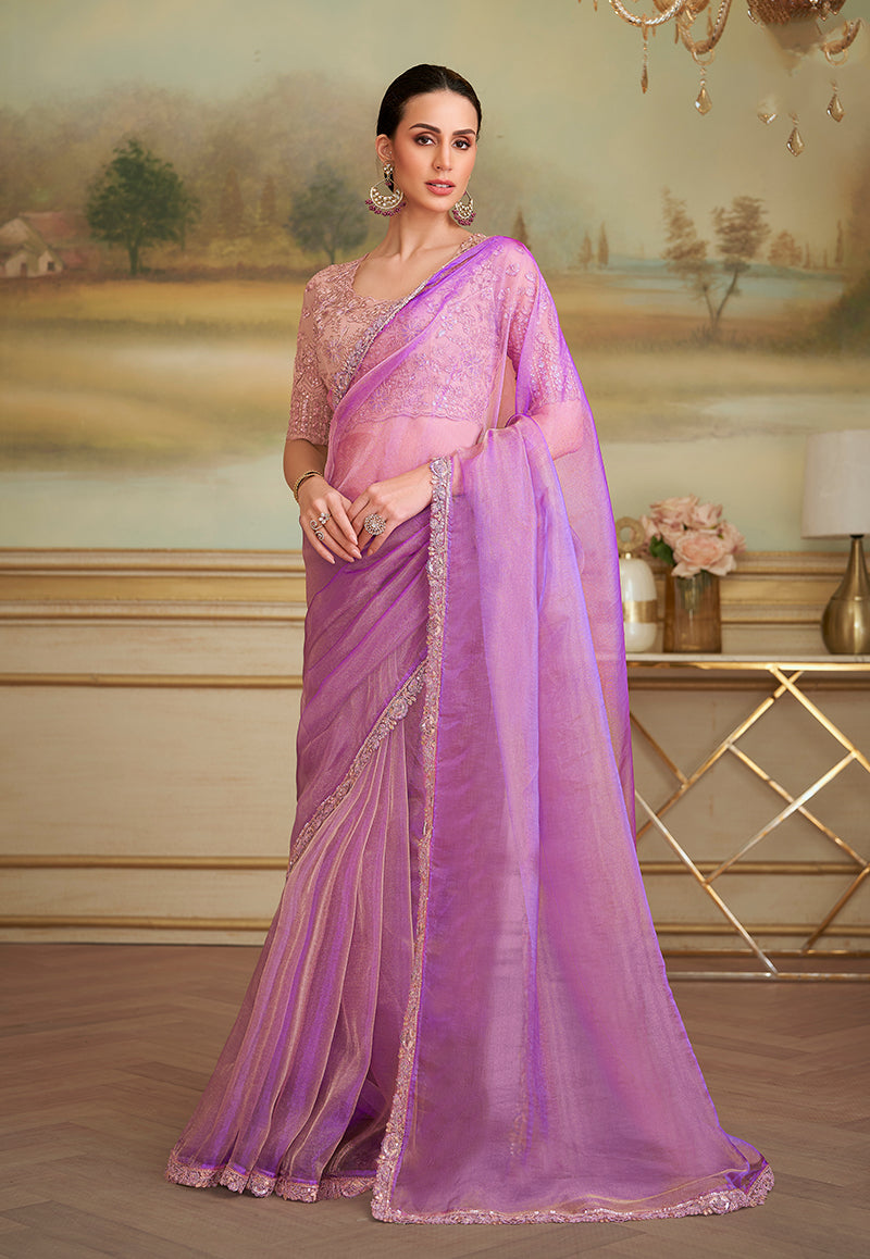 Lilac Tissue Georgette Embroidered Border Party Trendy Saree