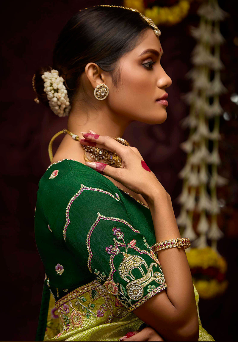 Lime Green Banarasi Silk Zari Woven Embroidered Saree With Contrast Blouse