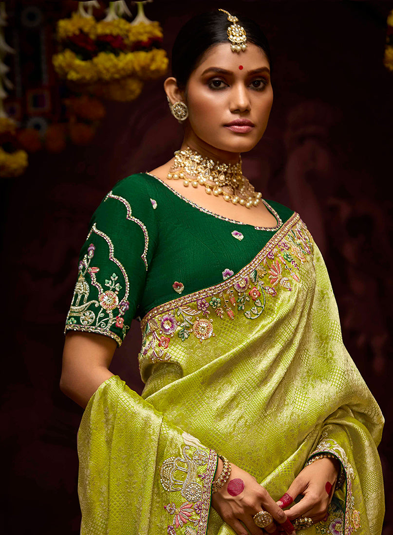 Lime Green Banarasi Silk Zari Woven Embroidered Saree With Contrast Blouse