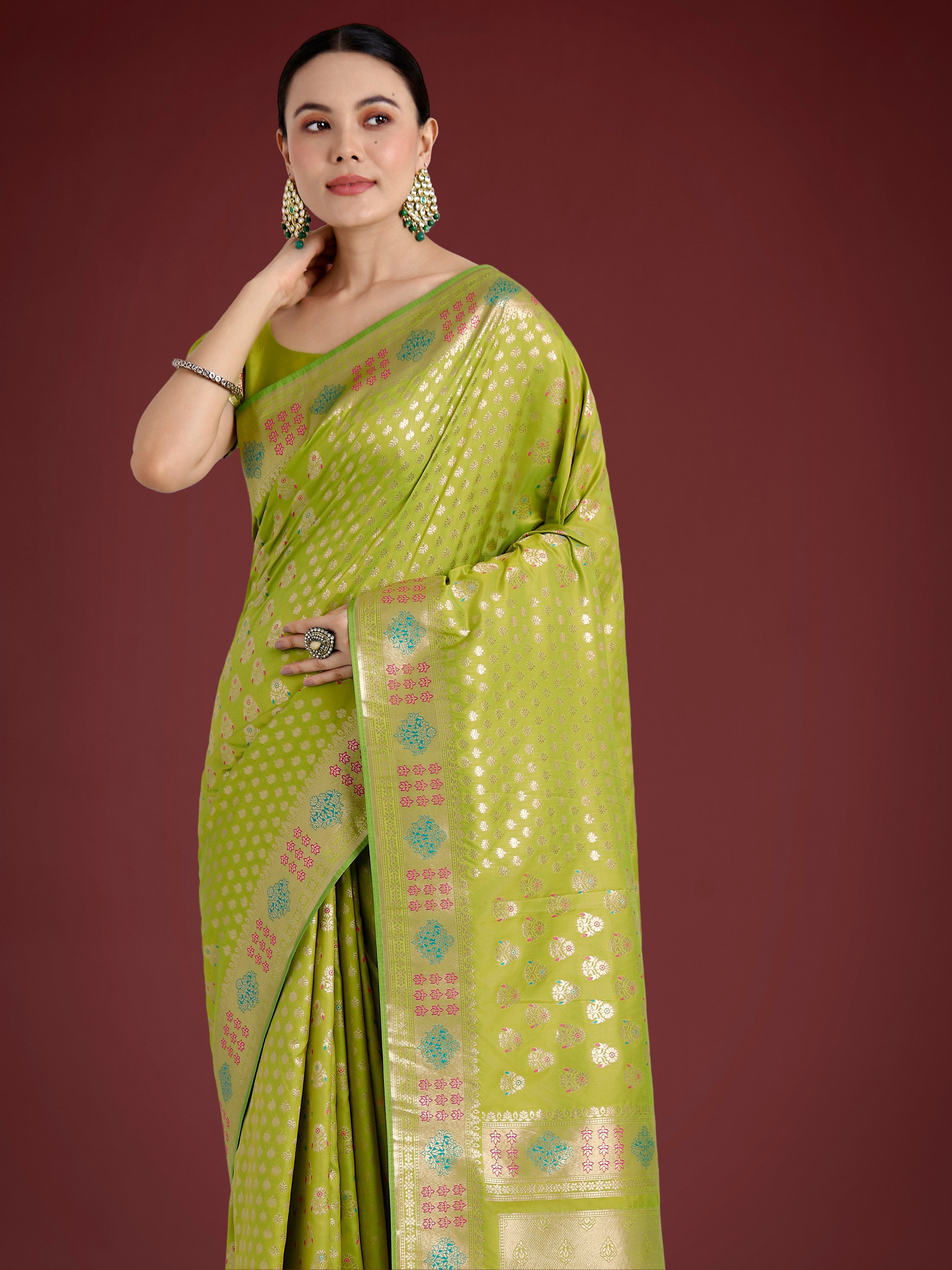 Lime Green Colour Banarasi Silk Zari Weaving Classic Saree