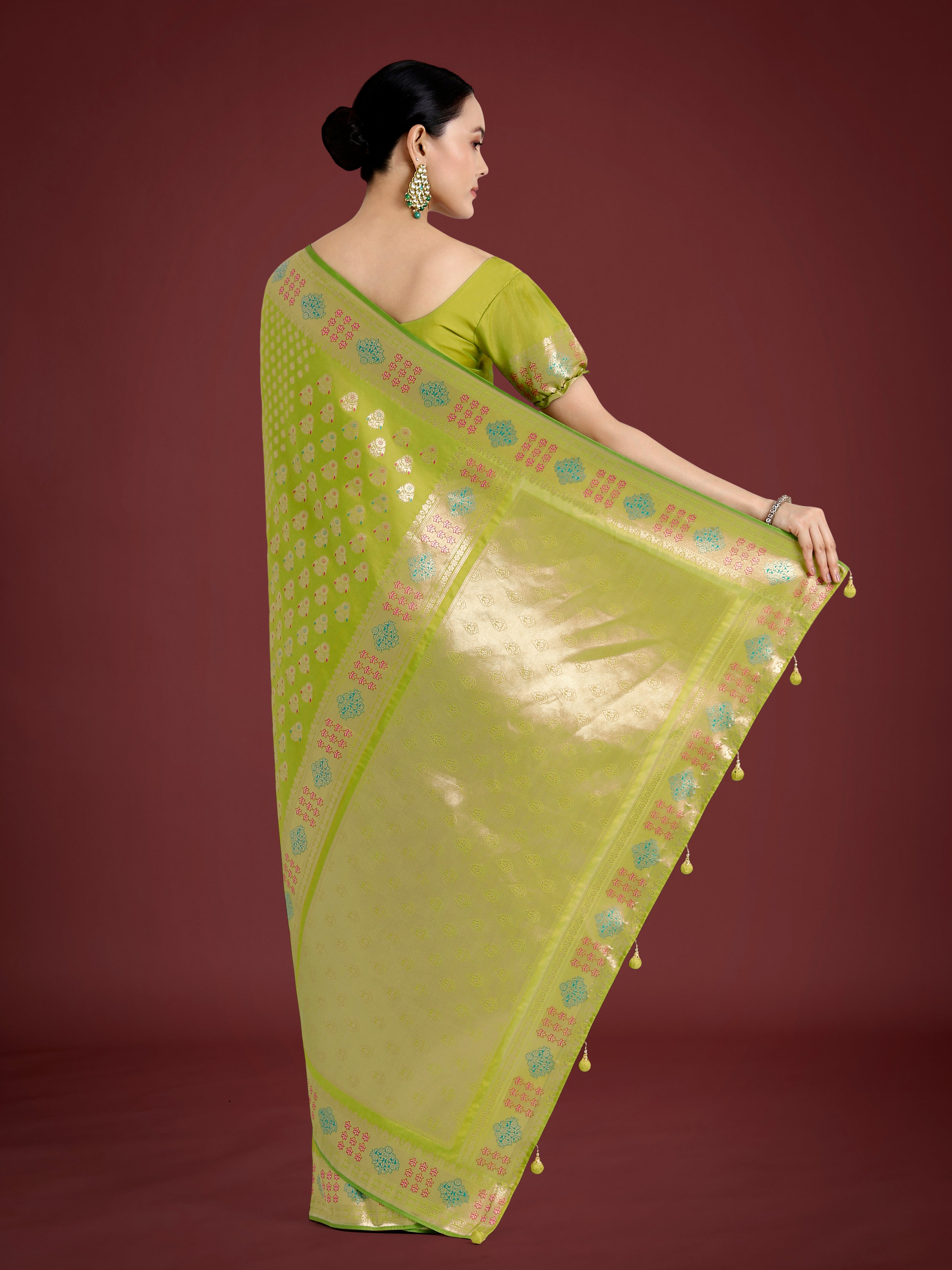 Lime Green Colour Banarasi Silk Zari Weaving Classic Saree