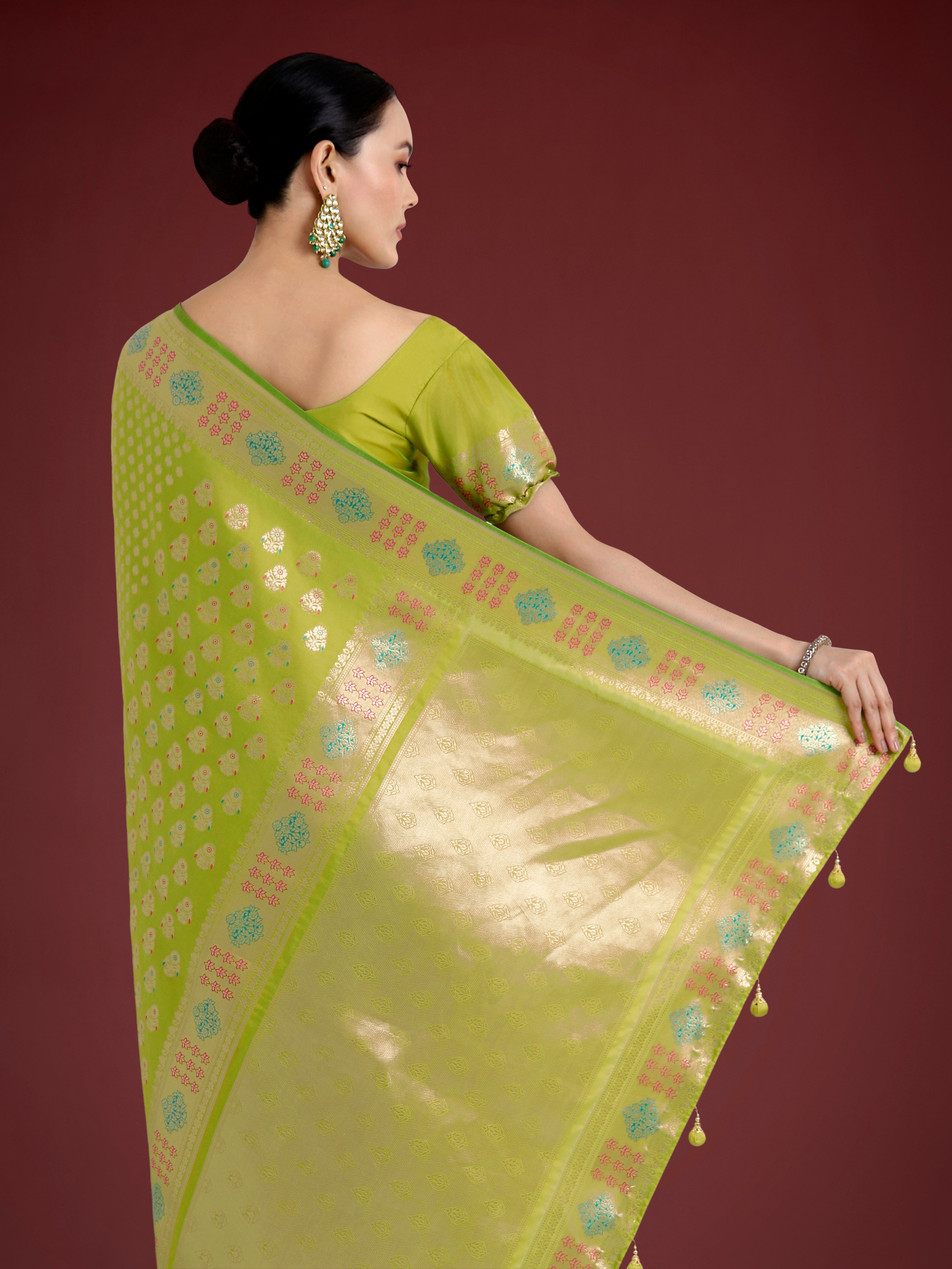 Lime Green Colour Banarasi Silk Zari Weaving Classic Saree