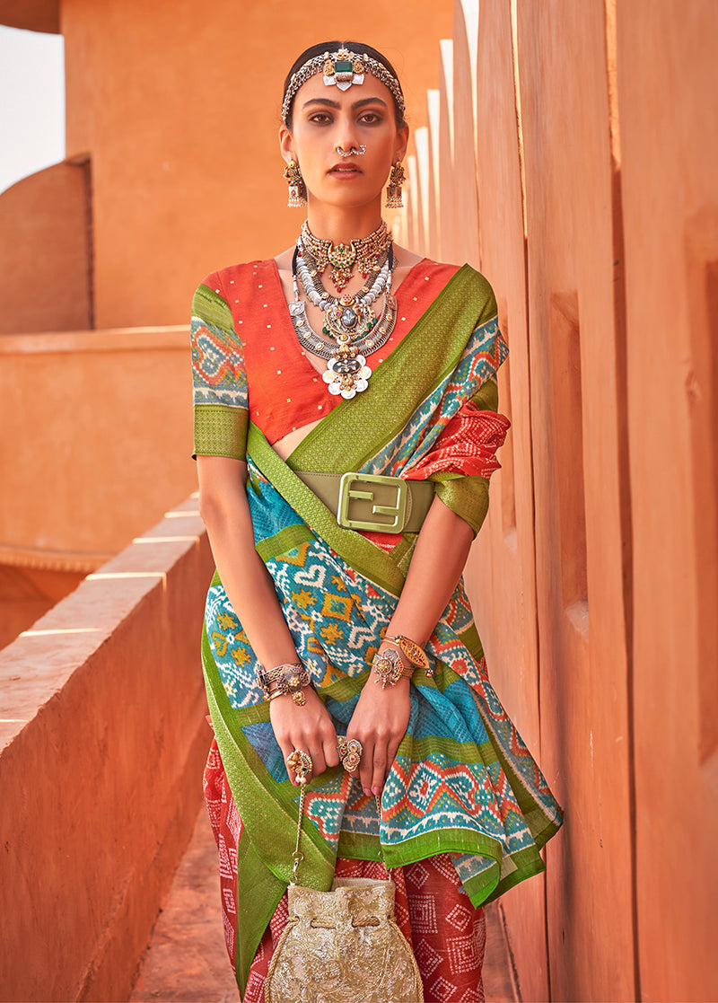 Rust Cotton Silk Foil Print Work Saree