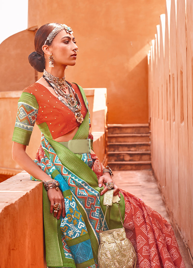 Rust Cotton Silk Foil Print Work Saree