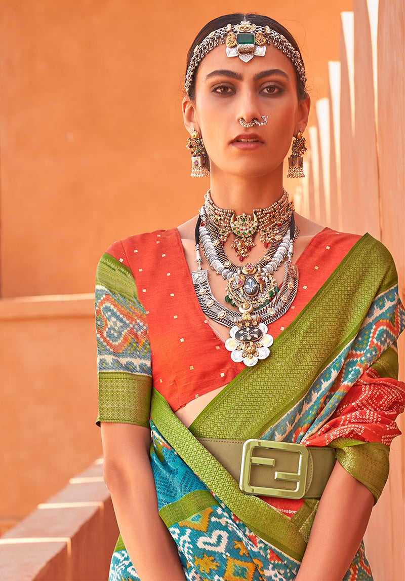 Rust Cotton Silk Foil Print Work Saree
