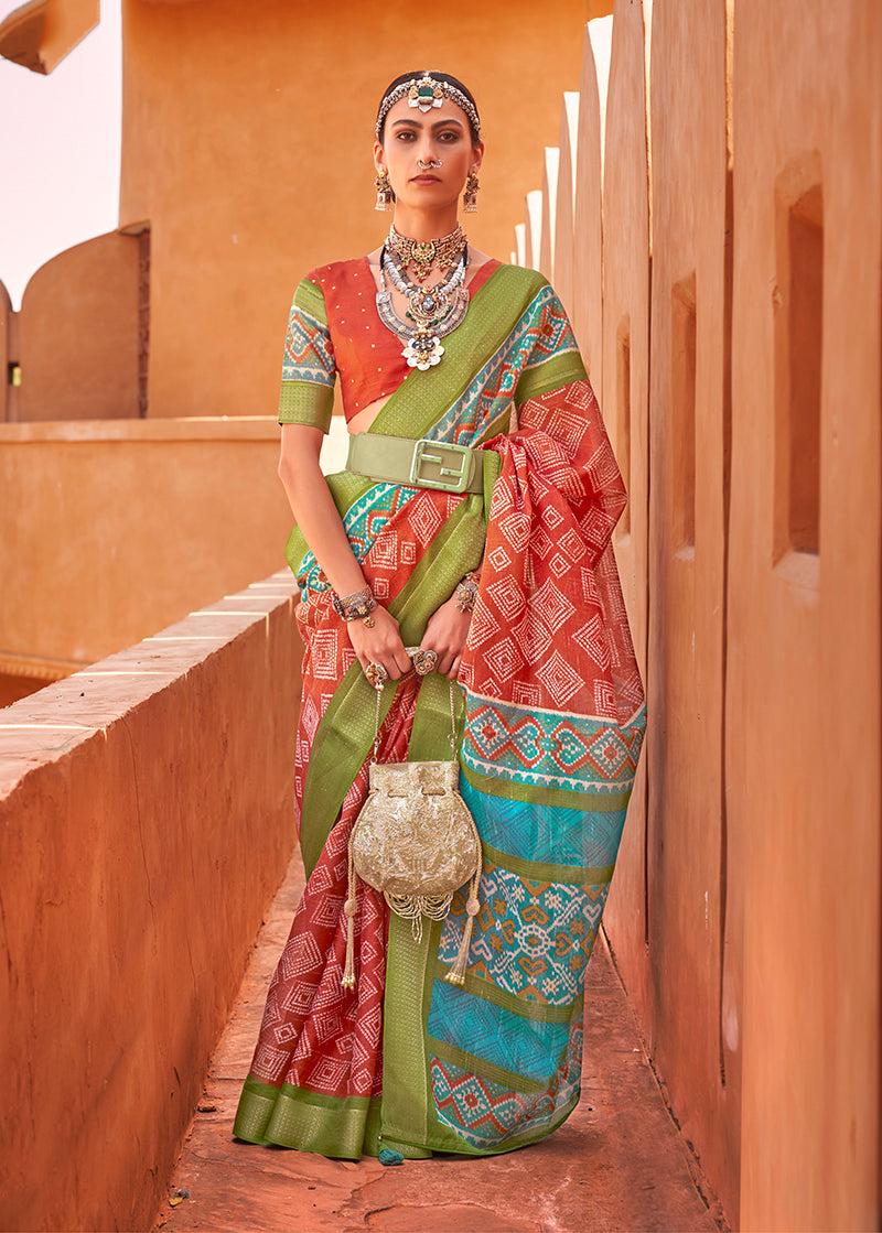 Rust Cotton Silk Foil Print Work Saree