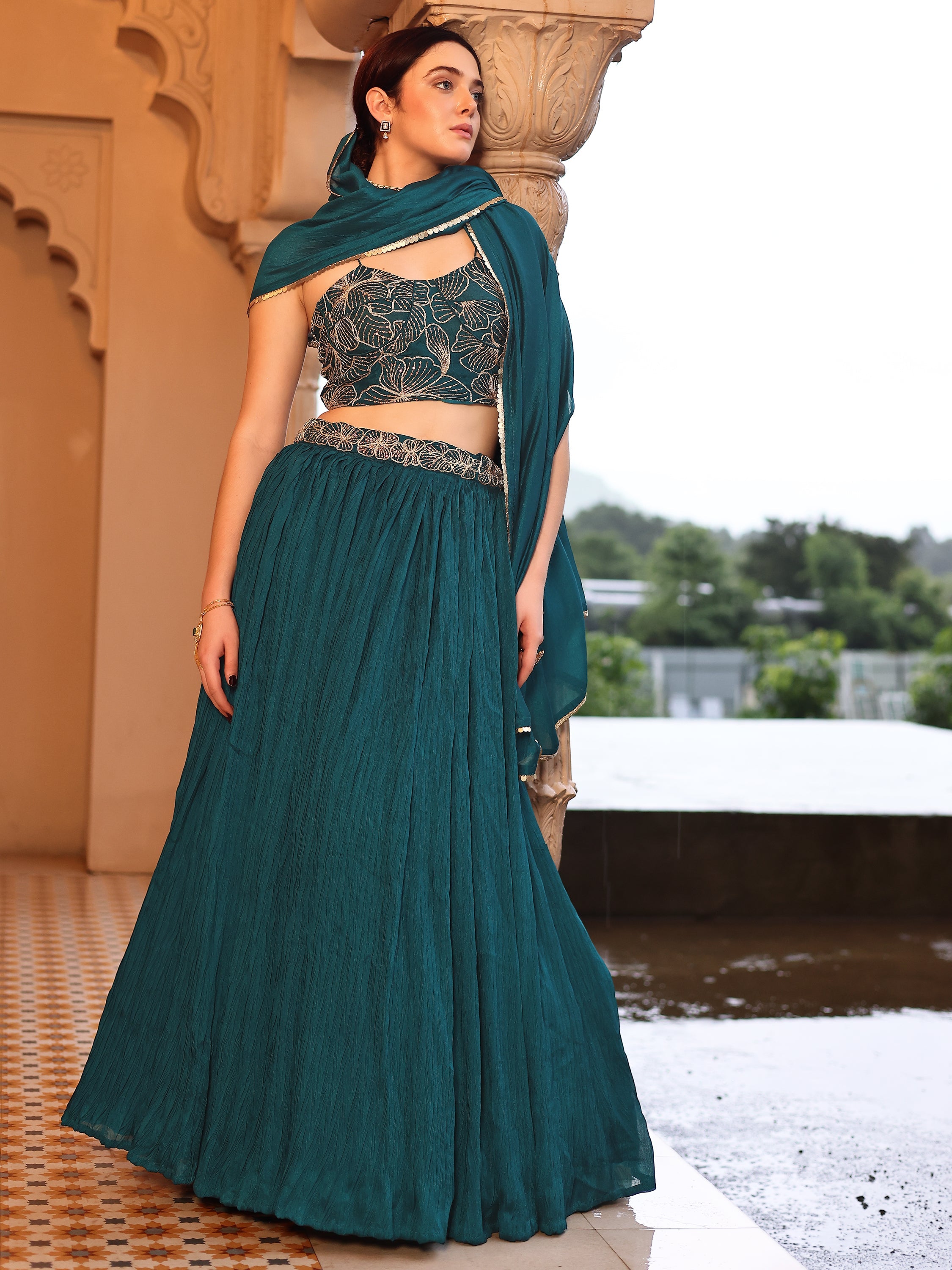 Teal Crush Silk Lehenga with Designer Blouse & Dupatta