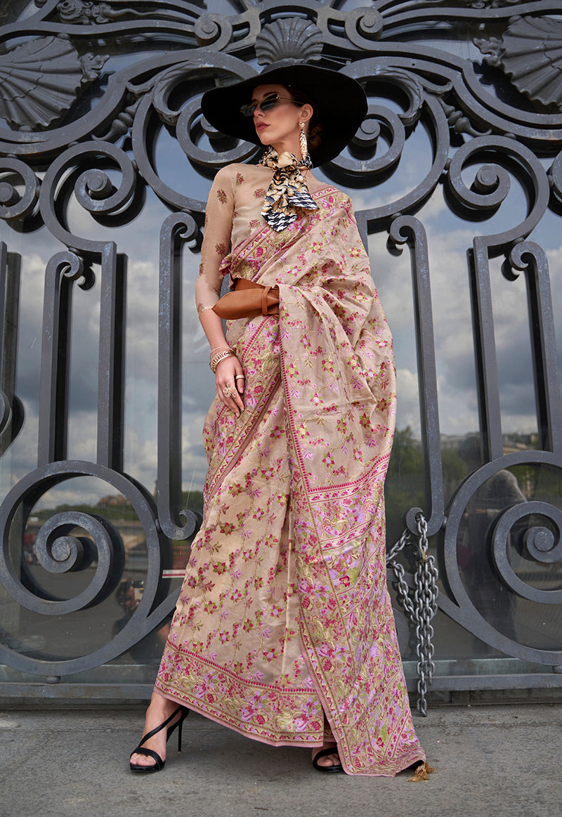 Beige Embellished Organza Woven Contemporary Saree