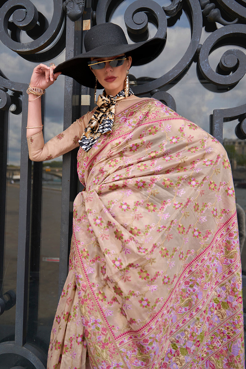 Beige Embellished Organza Woven Contemporary Saree