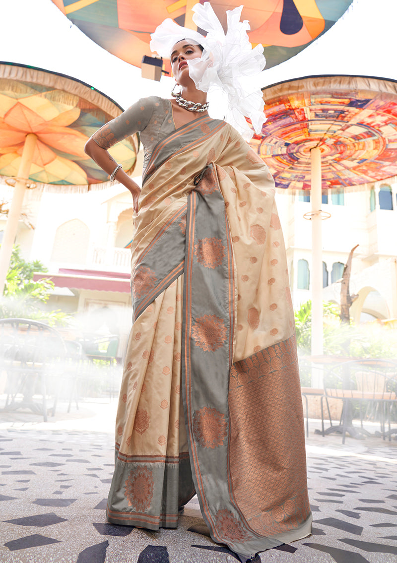 Beige Katan Silk Saree with Gold Zari Weaving