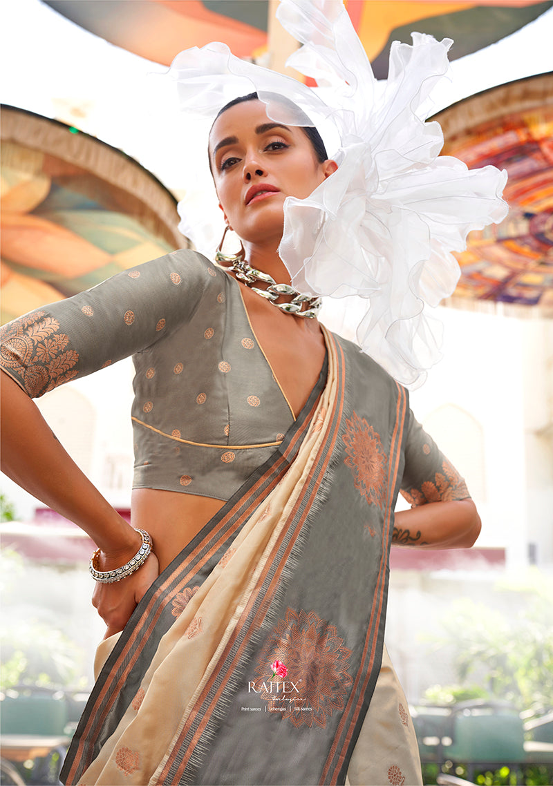 Beige Katan Silk Saree with Gold Zari Weaving