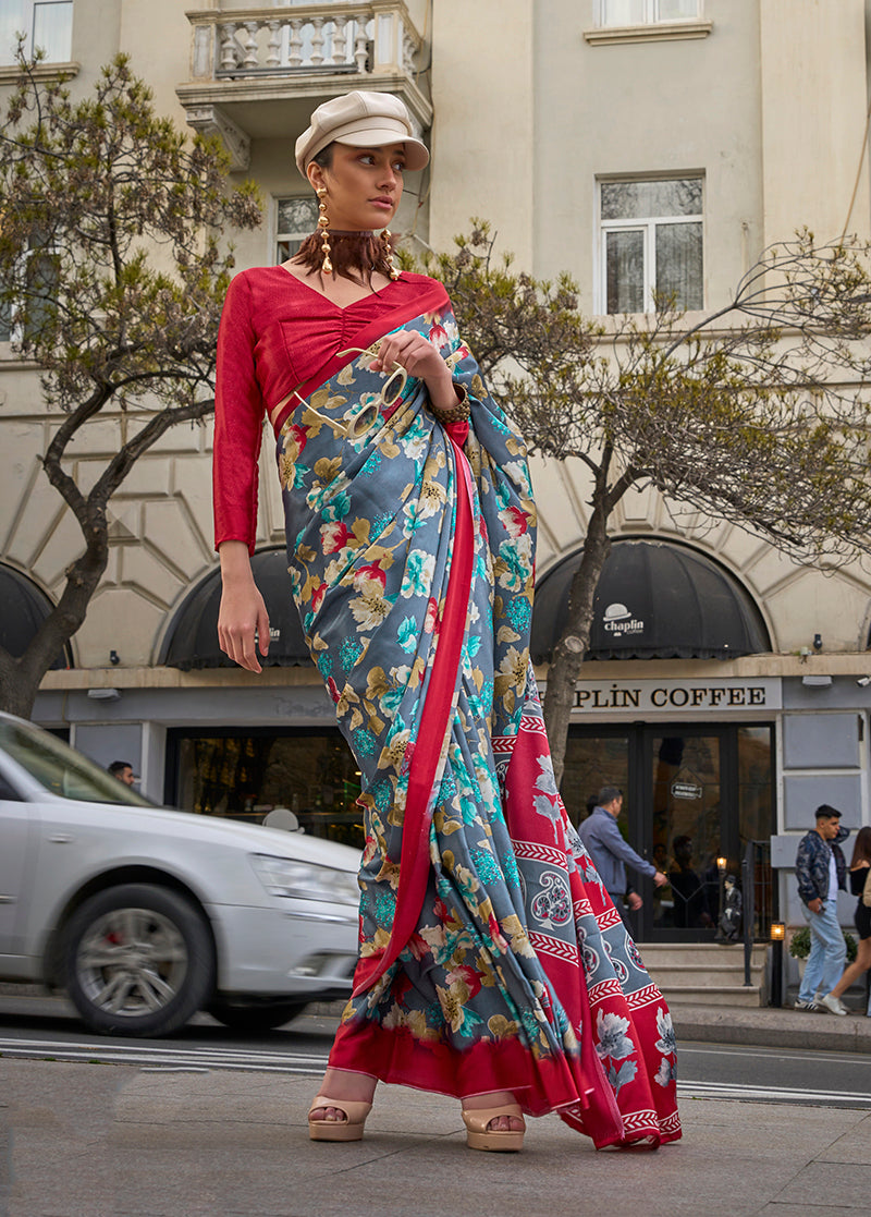 Gray Satin Silk Lightweight Saree with Modern Prints