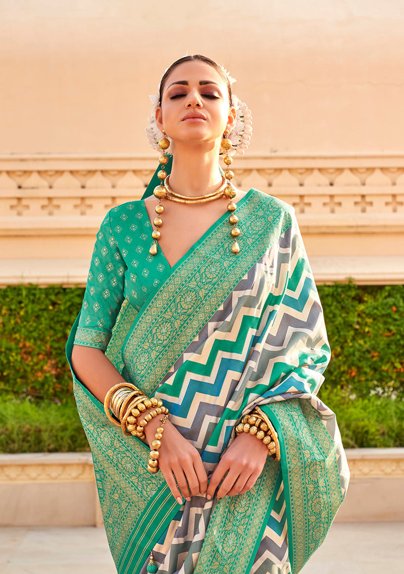 Turquoise Silk Foil Print Saree