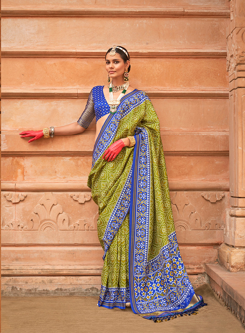 Olive Green And Blue Silk Patola Print Saree