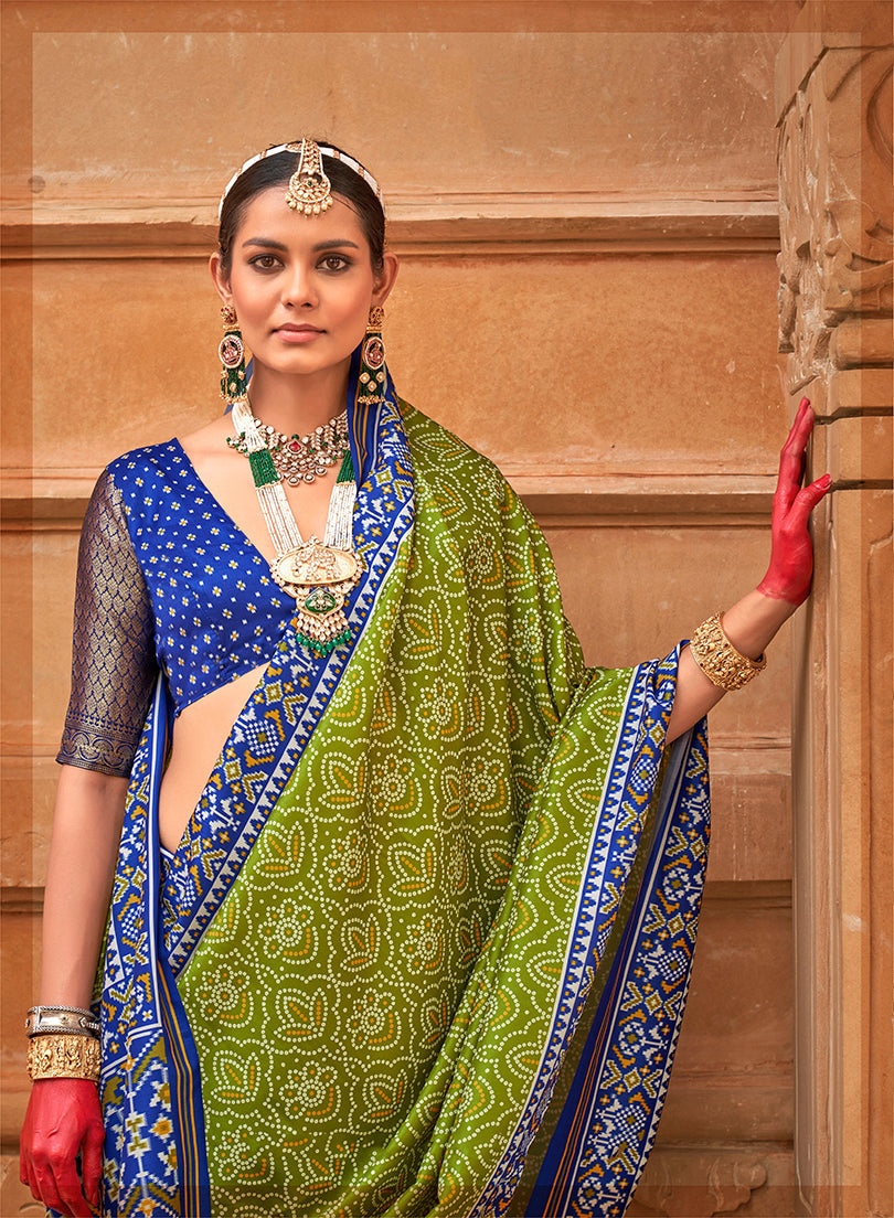 Olive Green And Blue Silk Patola Print Saree