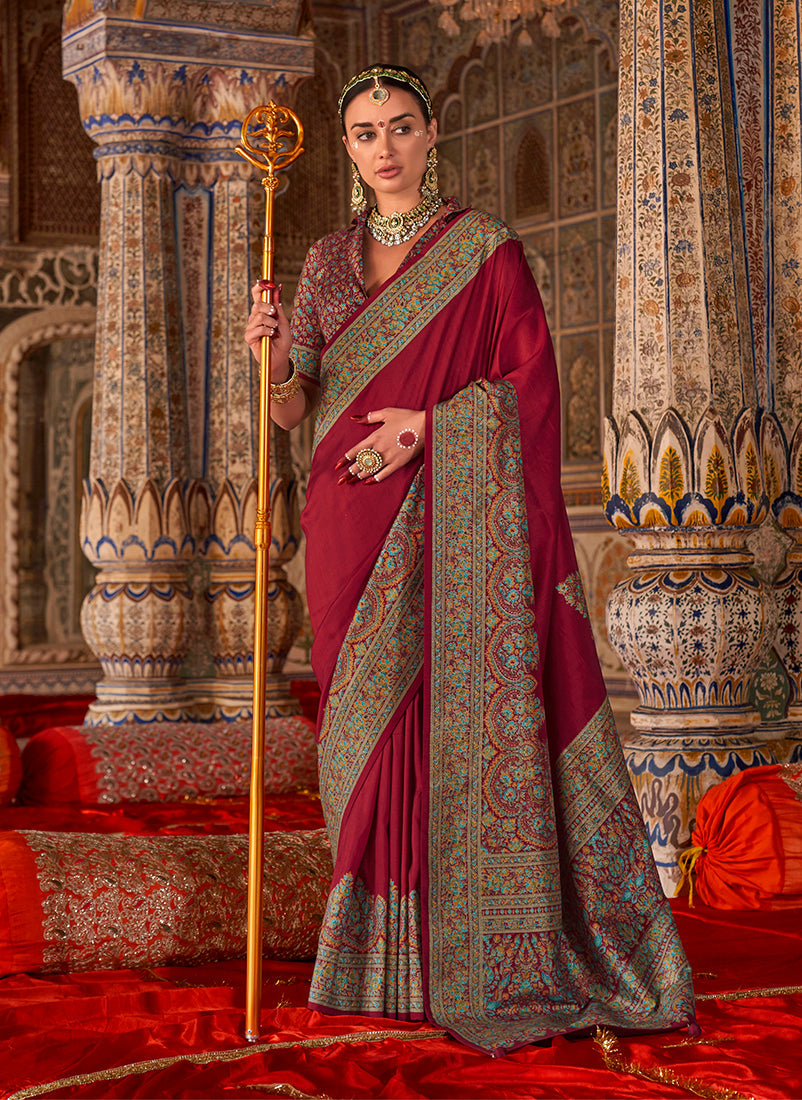 Magenta Silk Luxury Print Festival Wear Classic Saree