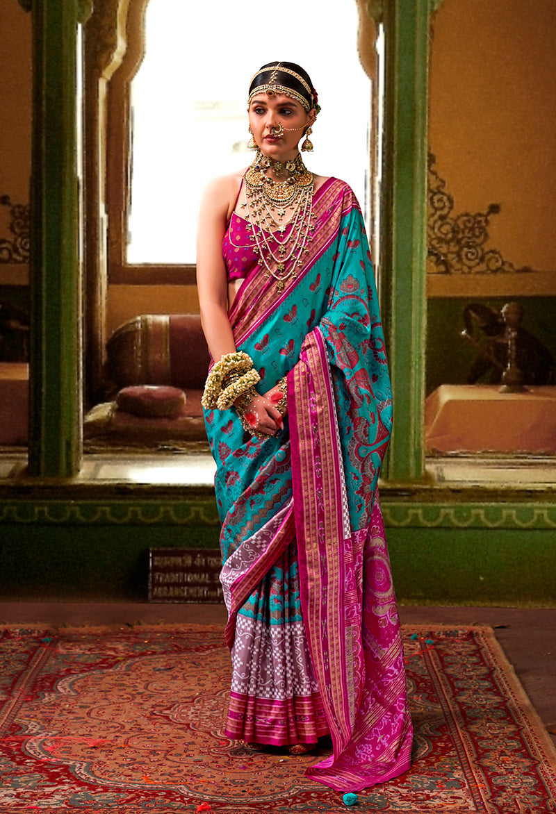 Aqua Blue Silk Patola Print Saree