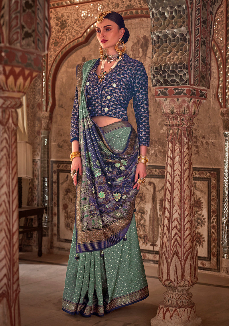 Sage Green Viscose Silk Printed Traditional Saree
