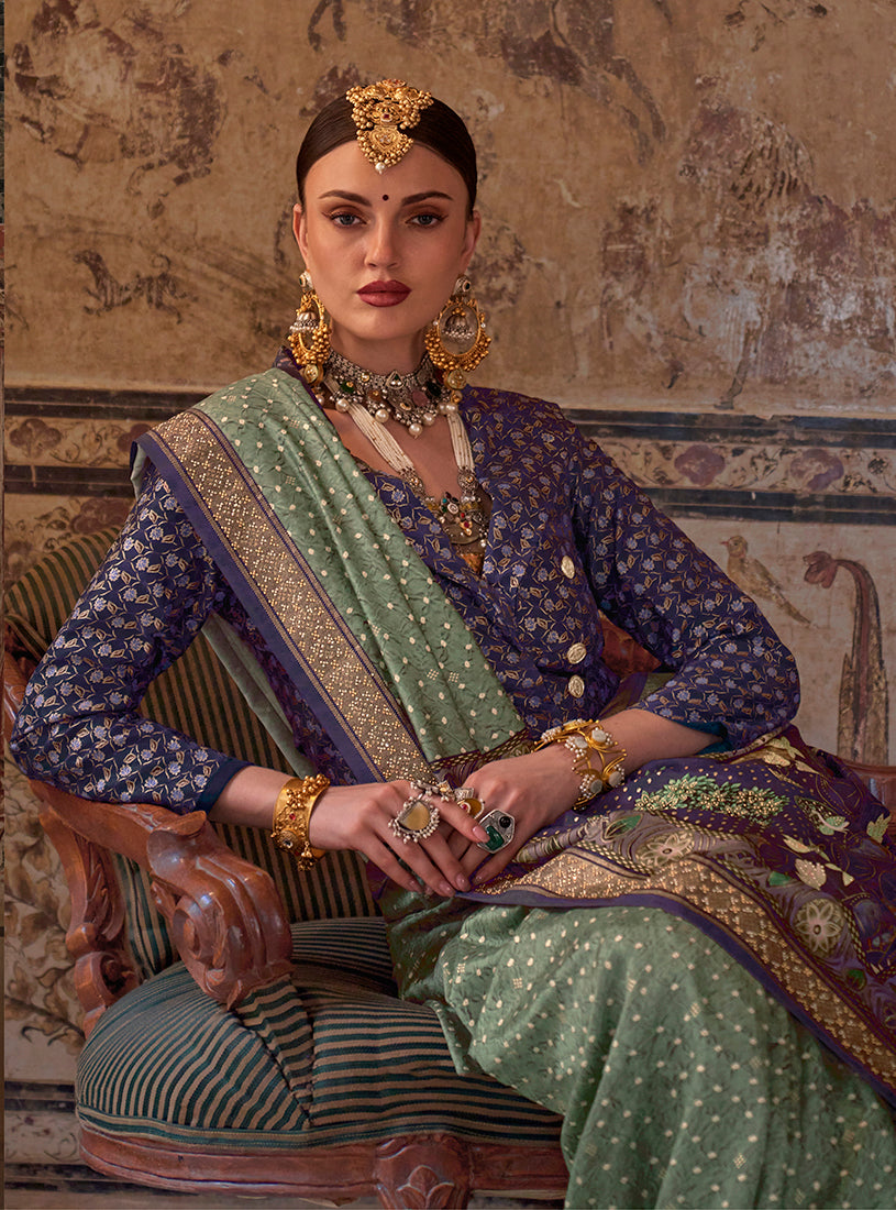 Sage Green Viscose Silk Printed Traditional Saree
