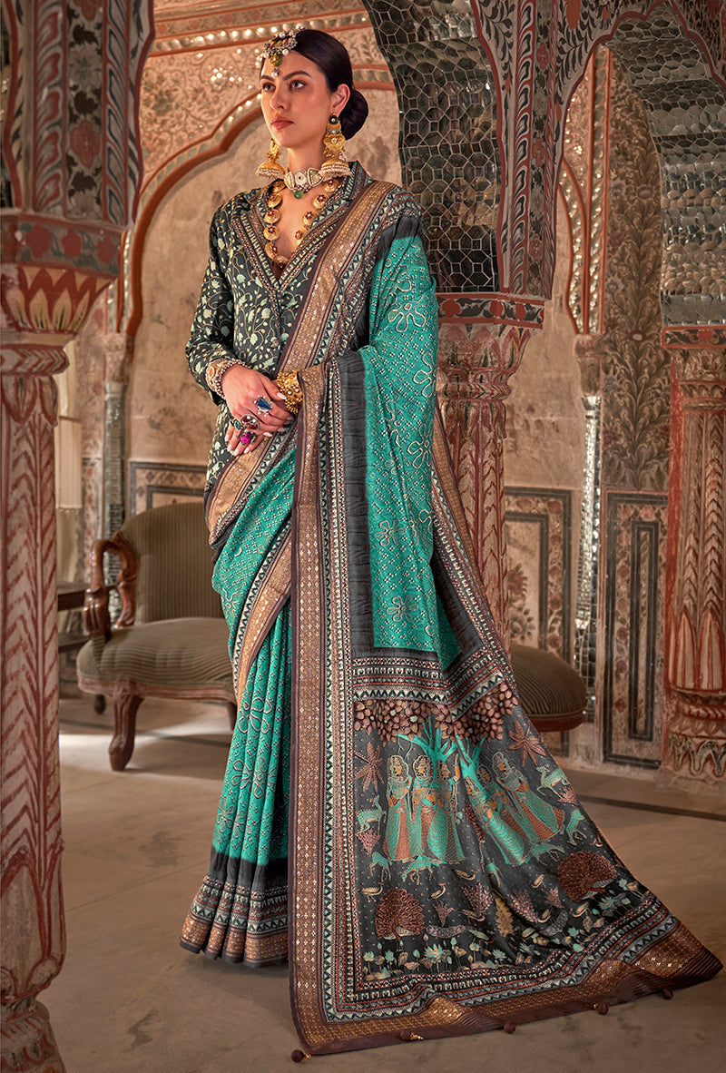 Turquoise Viscose Silk Printed Traditional Saree