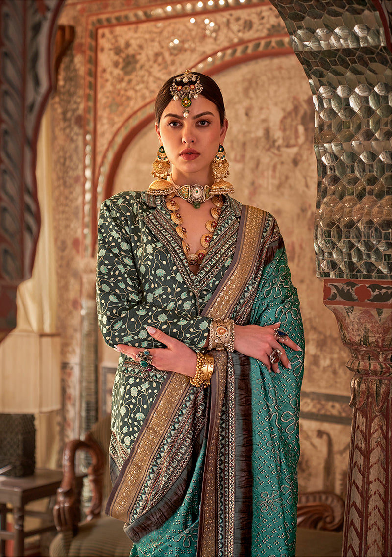 Turquoise Viscose Silk Printed Traditional Saree
