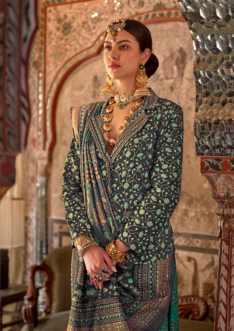 Turquoise Viscose Silk Printed Traditional Saree