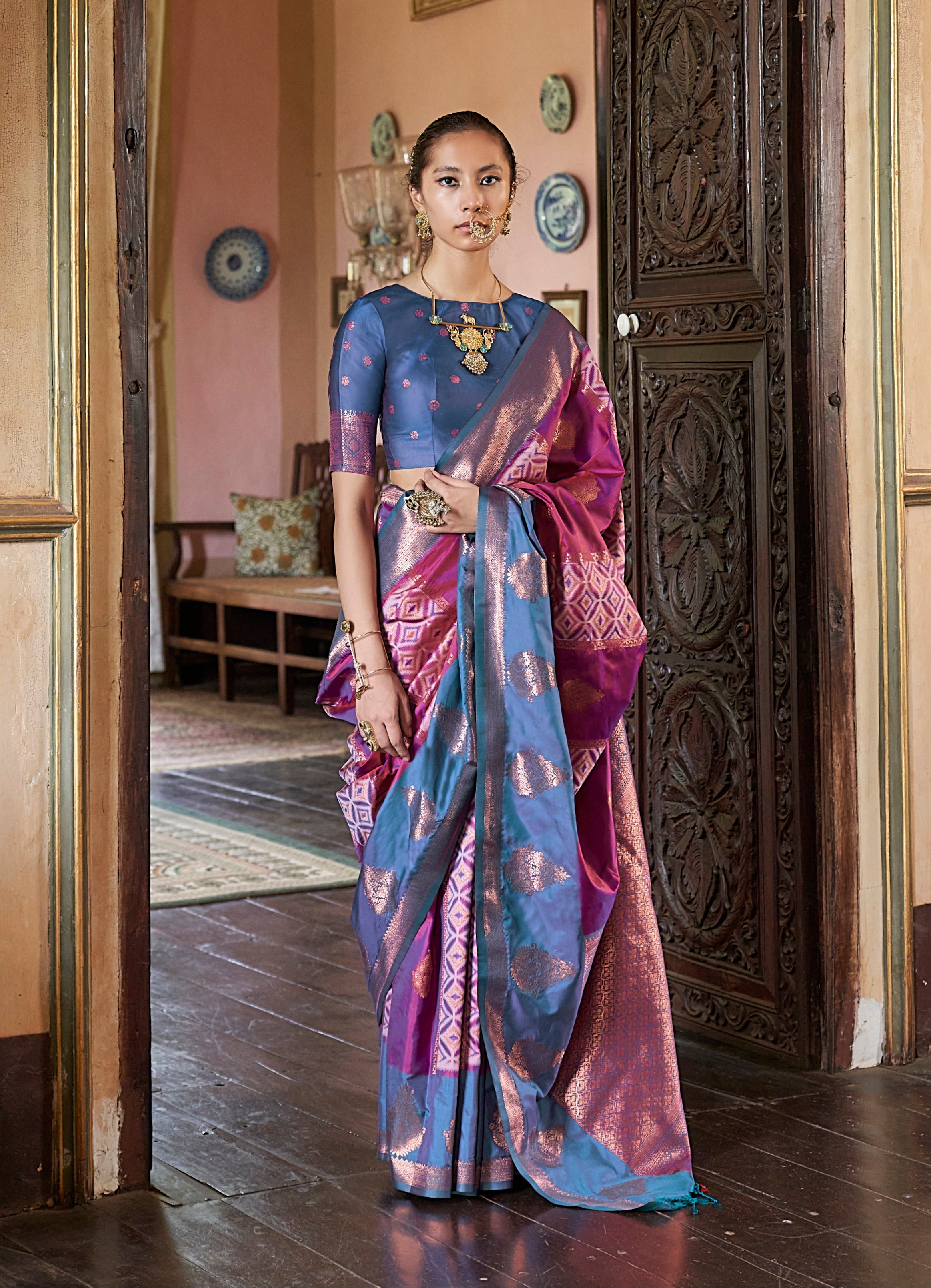 Magenta Zari Woven Work Silk Indian Traditional Wear Saree