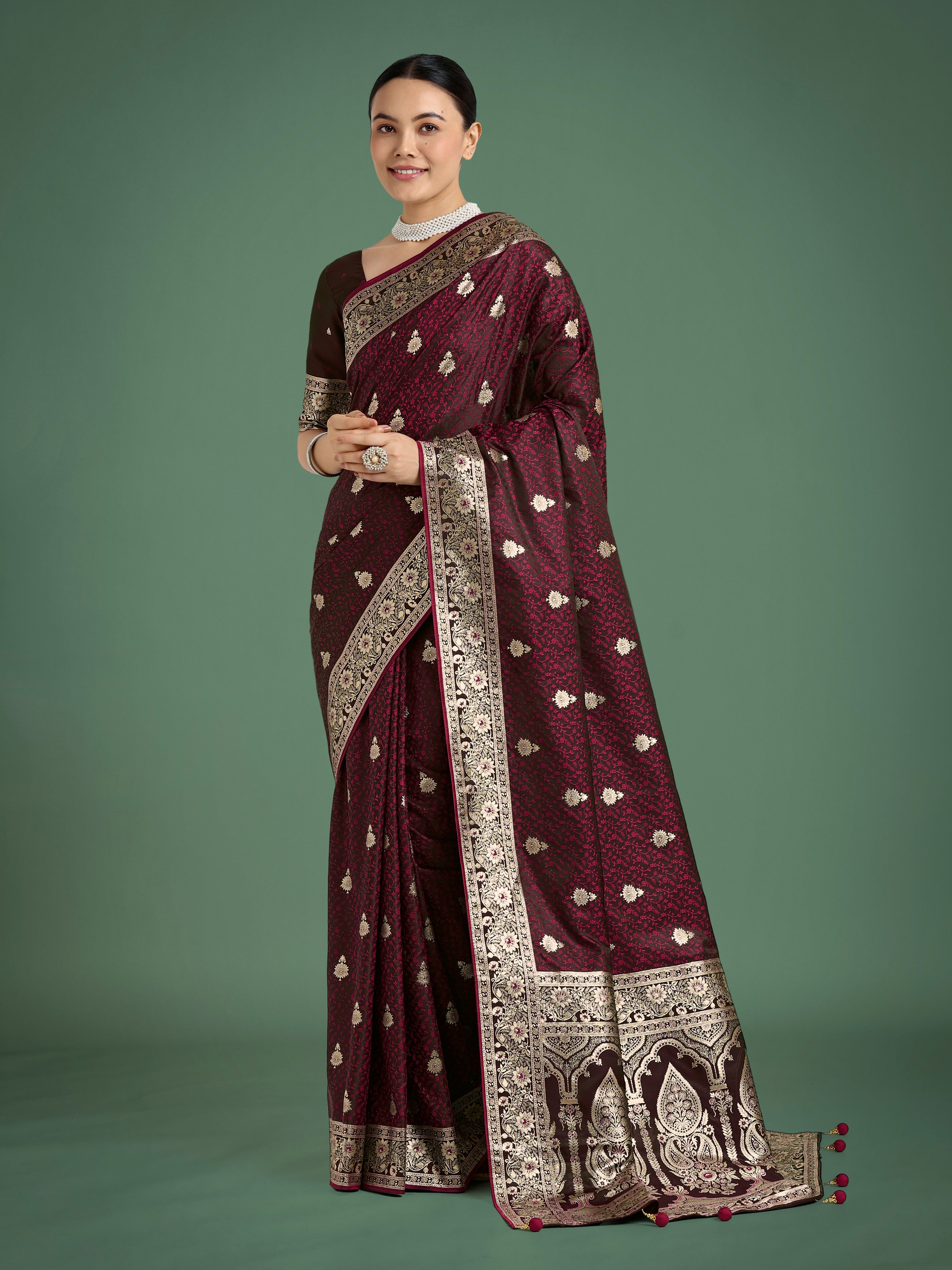 Maroon Banarasi Satin Silk Saree with Intricate Zari Woven Work